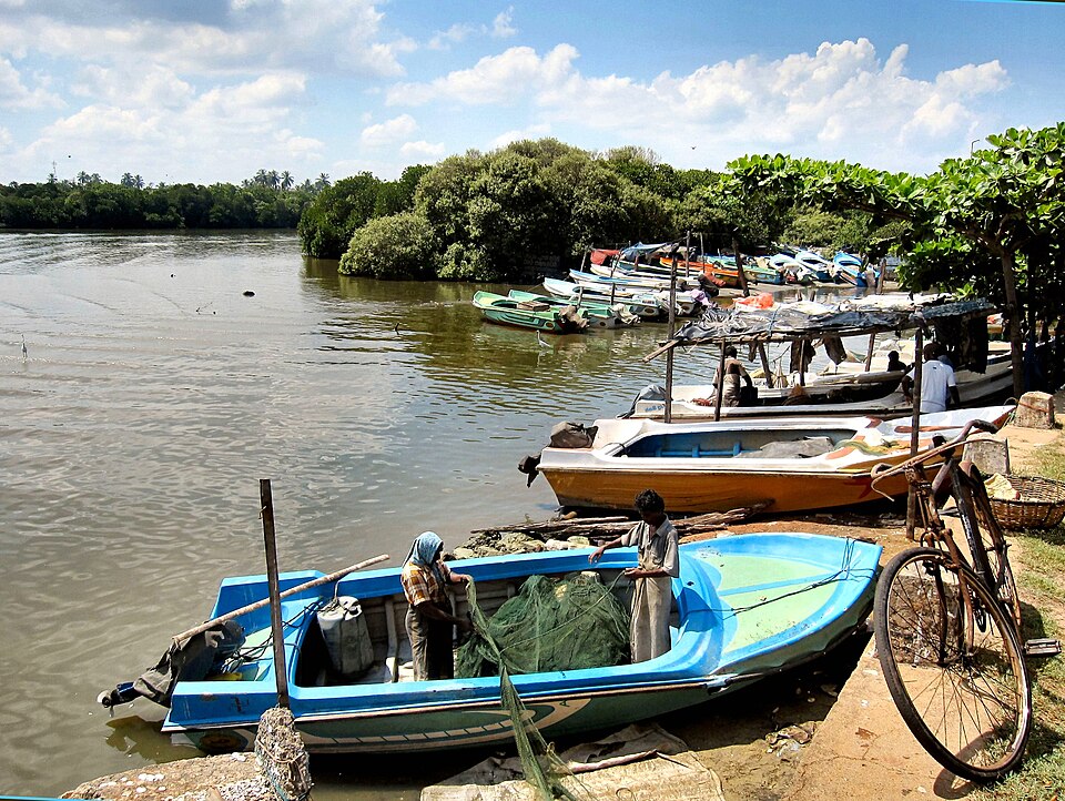 A bicycle beside traditional fishing boats on the Negombo Lagoon, Sri Lanka — cycling tour stop