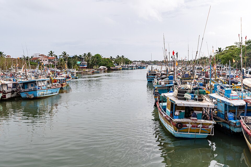 Negombo Lagoon with traditional fishing boats at sunset, Sri Lanka